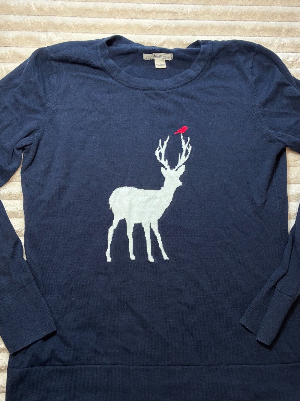 Bass Women’s Navy Deer Sweater Red Bird White Silhouette L GUC
